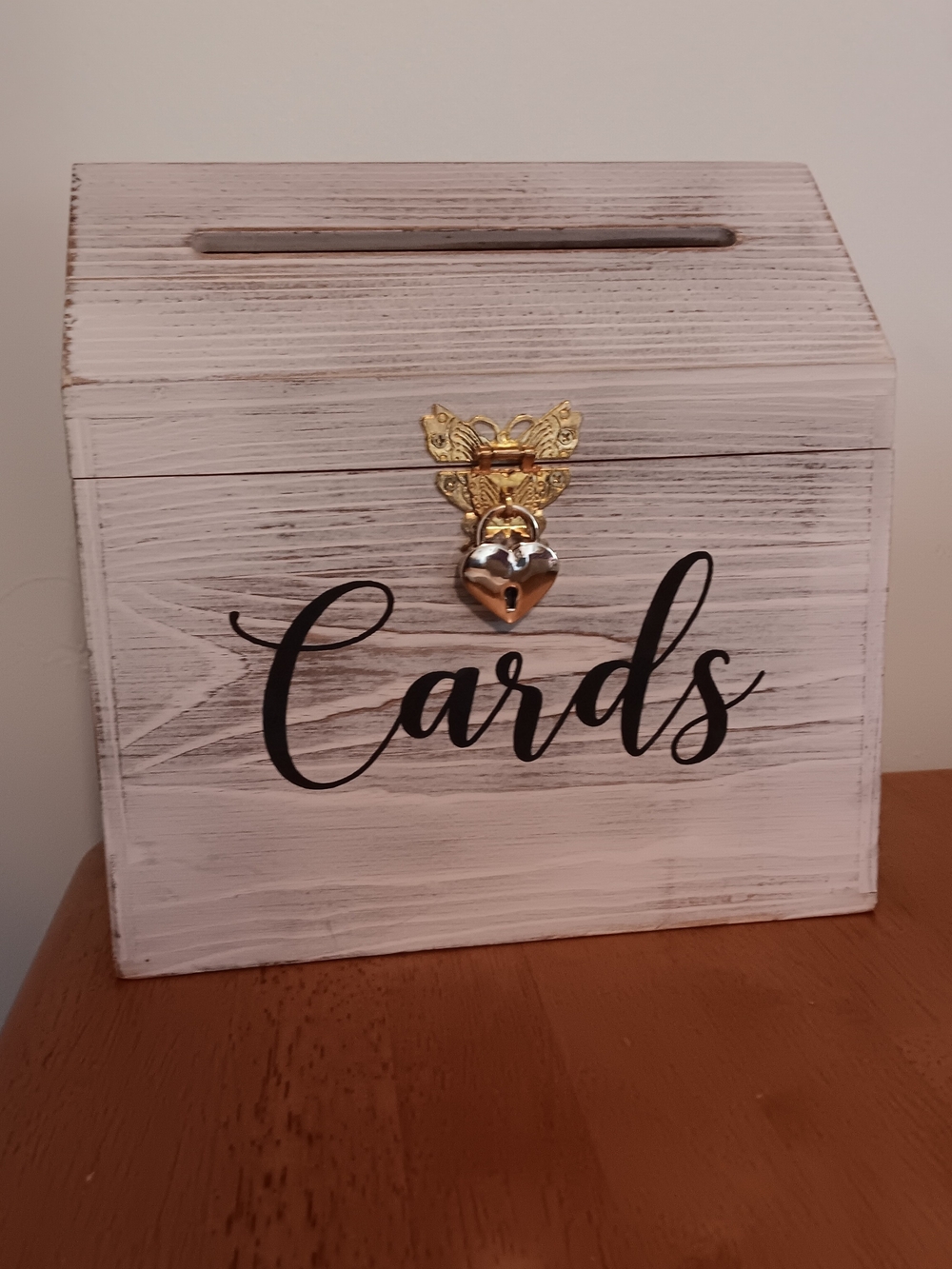 Unbranded White Wood 'Cards' Keepsake Box with Gold Heart Lock